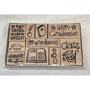 Graduation Wood Mounted Rubber Stamp Set Of 10 NIB